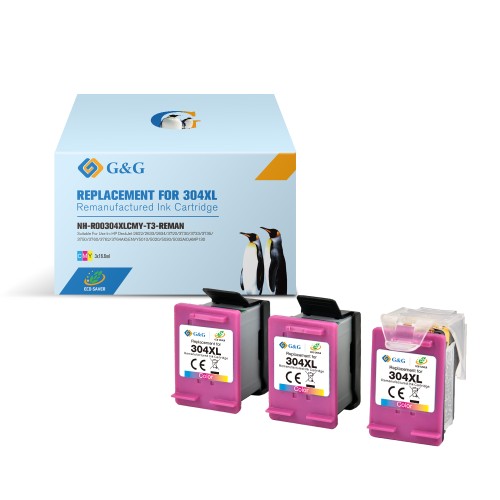 G&G HP 304XL Color Pack de 3 Cartuchos de Tinta Remanufacturados - Eco Saver - Muestra Nivel de Tinta - Reemplaza N9K07AE/N9K05AE