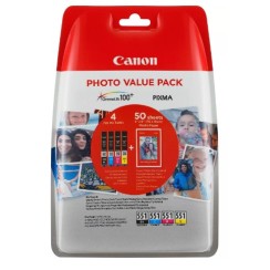 Canon CLI551 Pack de 4 Cartuchos de Tinta Originales - 50 Hojas de Papel Fotografico - 6508B005