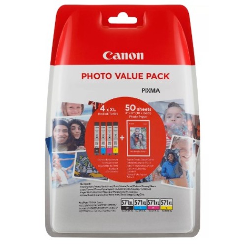 Canon CLI571XL Pack de 4 Cartuchos de Tinta Originales - 50 Hojas de Papel Fotografico - 0332C005