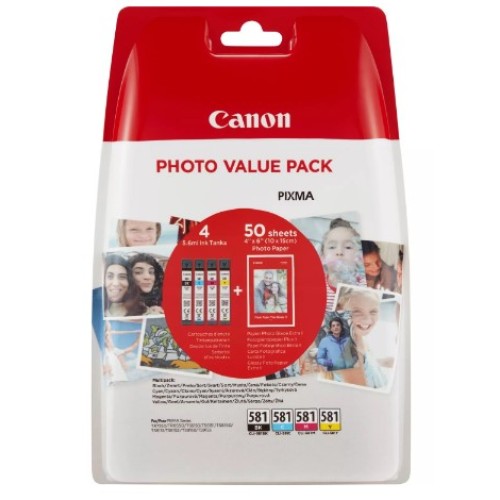 Canon CLI581 Pack de 4 Cartuchos de Tinta Originales - 50 Hojas de Papel Fotografico - 2106C005