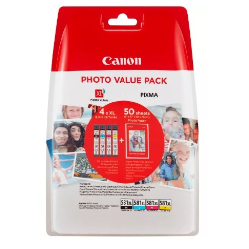 Canon CLI581XL Pack de 4 Cartuchos de Tinta Originales - 50 Hojas de Papel Fotografico - 2052C004