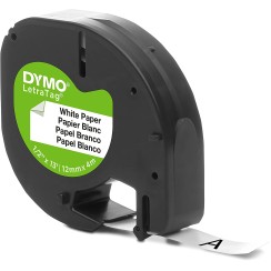 Dymo LetraTag S0721510 Cinta de Etiquetas Original para Rotuladora - Texto negro sobre fondo blanco - Ancho 12mm x 4 metros (91200)