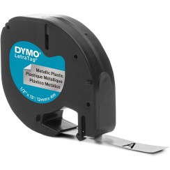 Dymo LetraTag S0721730 Cinta de Etiquetas Original para Rotuladora - Texto negro sobre fondo metalico - Ancho 12mm x 4 metros (91208)