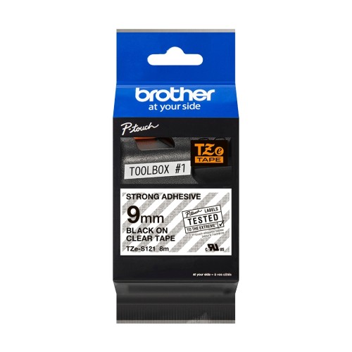 Brother TZeS121 Cinta Laminada Super Adhesiva Original de Etiquetas - Texto negro sobre fondo transparente - Ancho 9mm x 8 metros