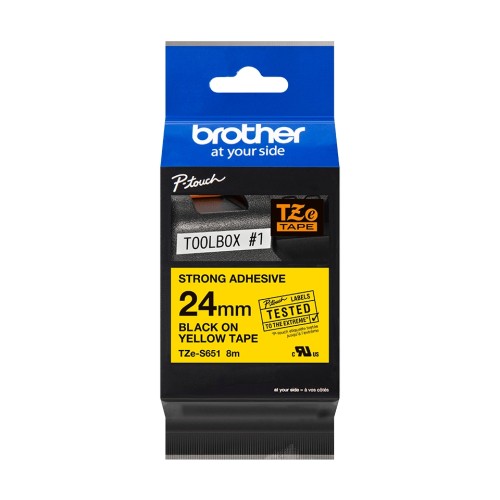 Brother TZeS651 Cinta Laminada Super Adhesiva Original de Etiquetas - Texto negro sobre fondo amarillo - Ancho 24mm x 8 metros