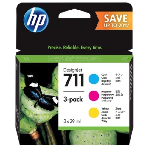 HP 711 Pack de 3 Cartuchos de Tinta Originales - Cyan, Magenta y Amarillo - P2V32A