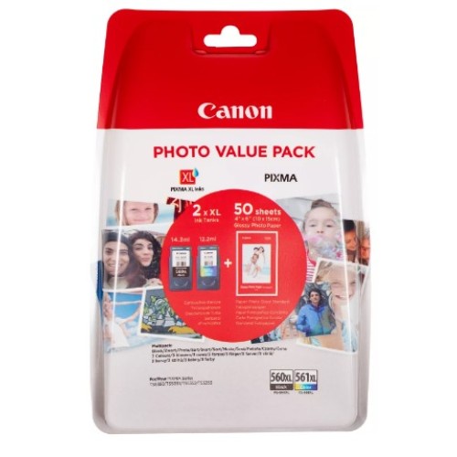 Canon PG560XL Negro + CL561XL Color Pack de 2 Cartuchos de Tinta Originales - 50 Hojas de Papel Fotografico - 3712C004