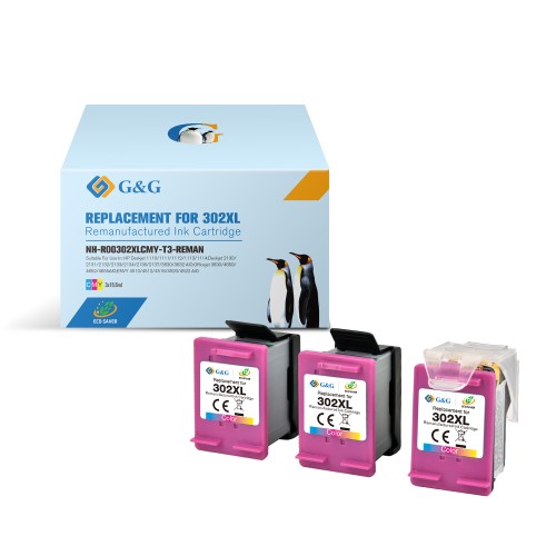 G&G HP 302XL Color Pack de 3 Cartuchos de Tinta Remanufacturados - Eco Saver - Muestra Nivel de Tinta - Reemplaza F6U67AE/F6U65AE